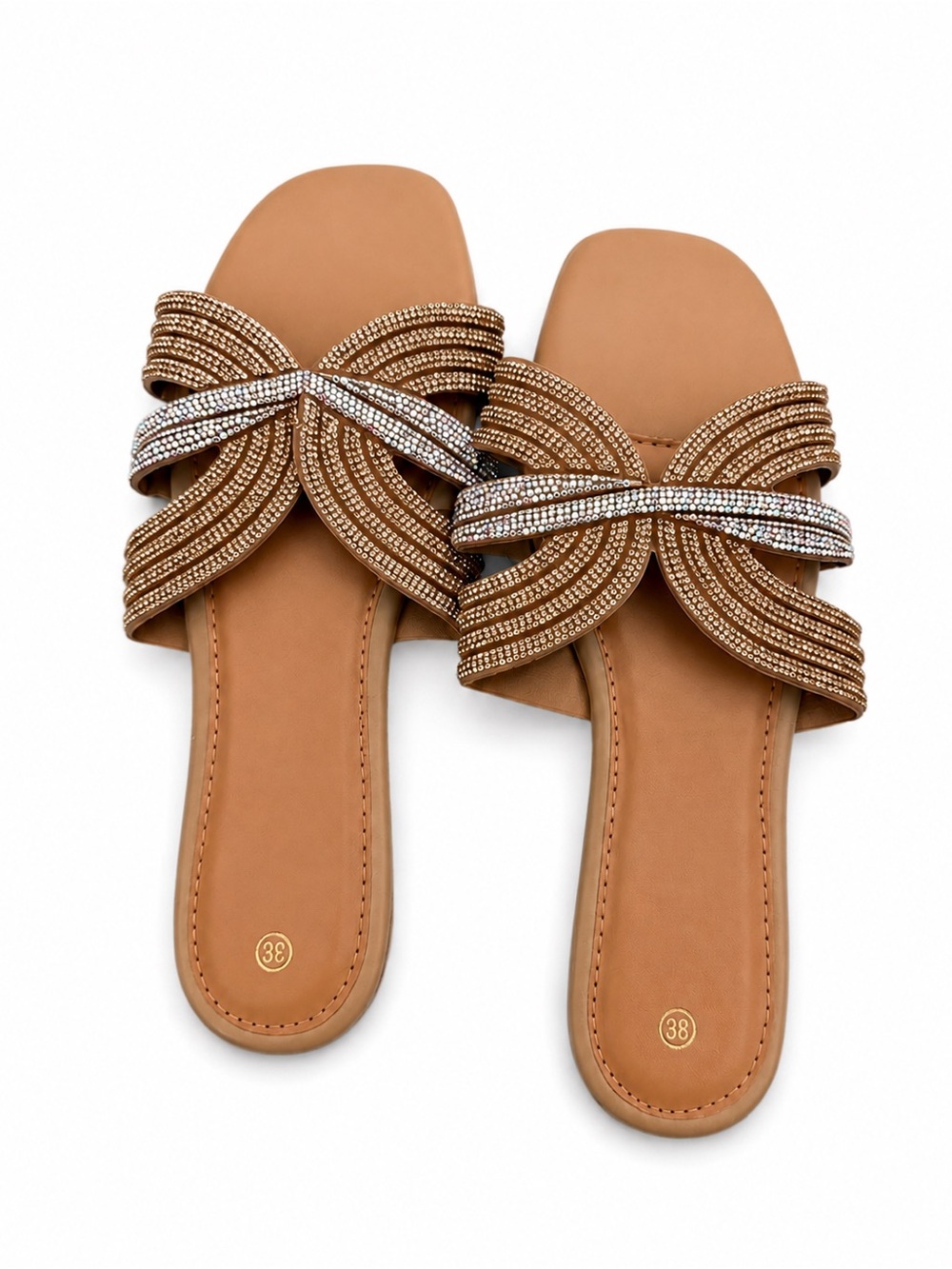 Embellished Tan Slide Sandals with Crystal Accent